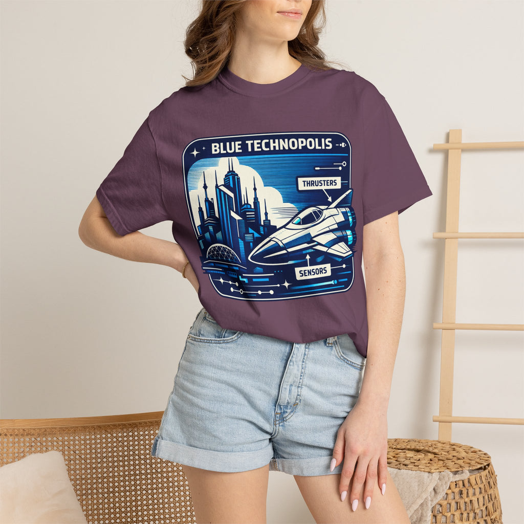 Power Runs Black PRB Technopolis Spacecraft T-Shirt — Blue Technopolis Retro Sci‑Fi Tee by Power Runs Black