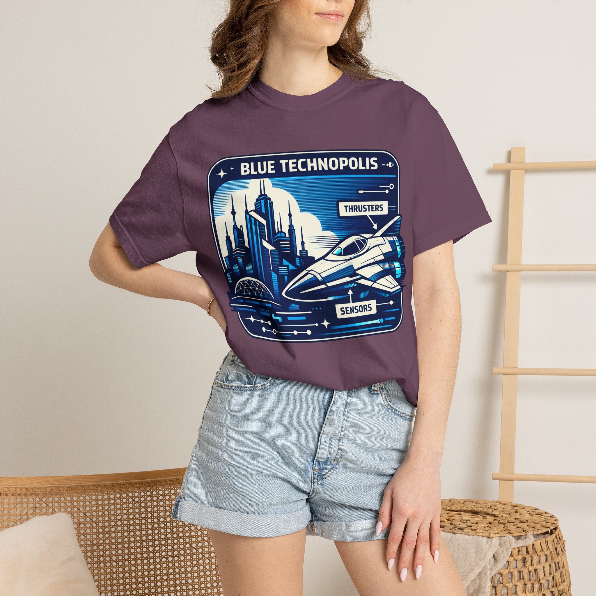 Power Runs Black PRB Technopolis Spacecraft T-Shirt — Blue Technopolis Retro Sci‑Fi Tee by Power Runs Black
