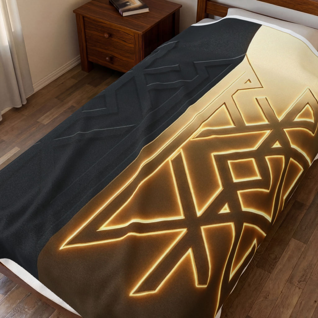 Power Runs Black PRB Velveteen Plush Blanket — Geometric Gold & Black Nordic Rune Throw by Power Runs Black