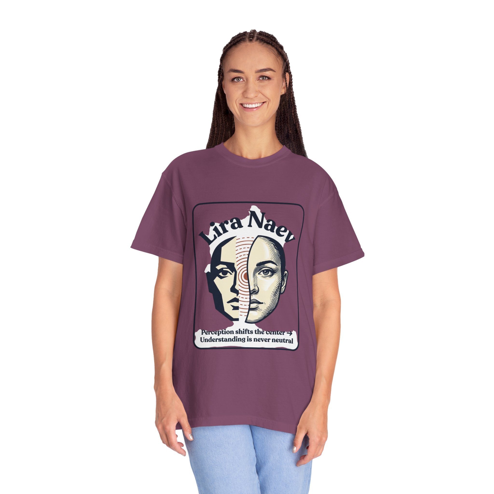 Power Runs Black PRB Lira Naev Split-Face Graphic T-Shirt — “Perception shifts the center” Statement Tee by Printify