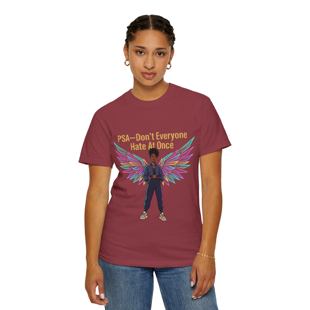 T-Shirt — PSA “Don't Everyone Hate At Once” Angel Wings Graphic Tee by Printify