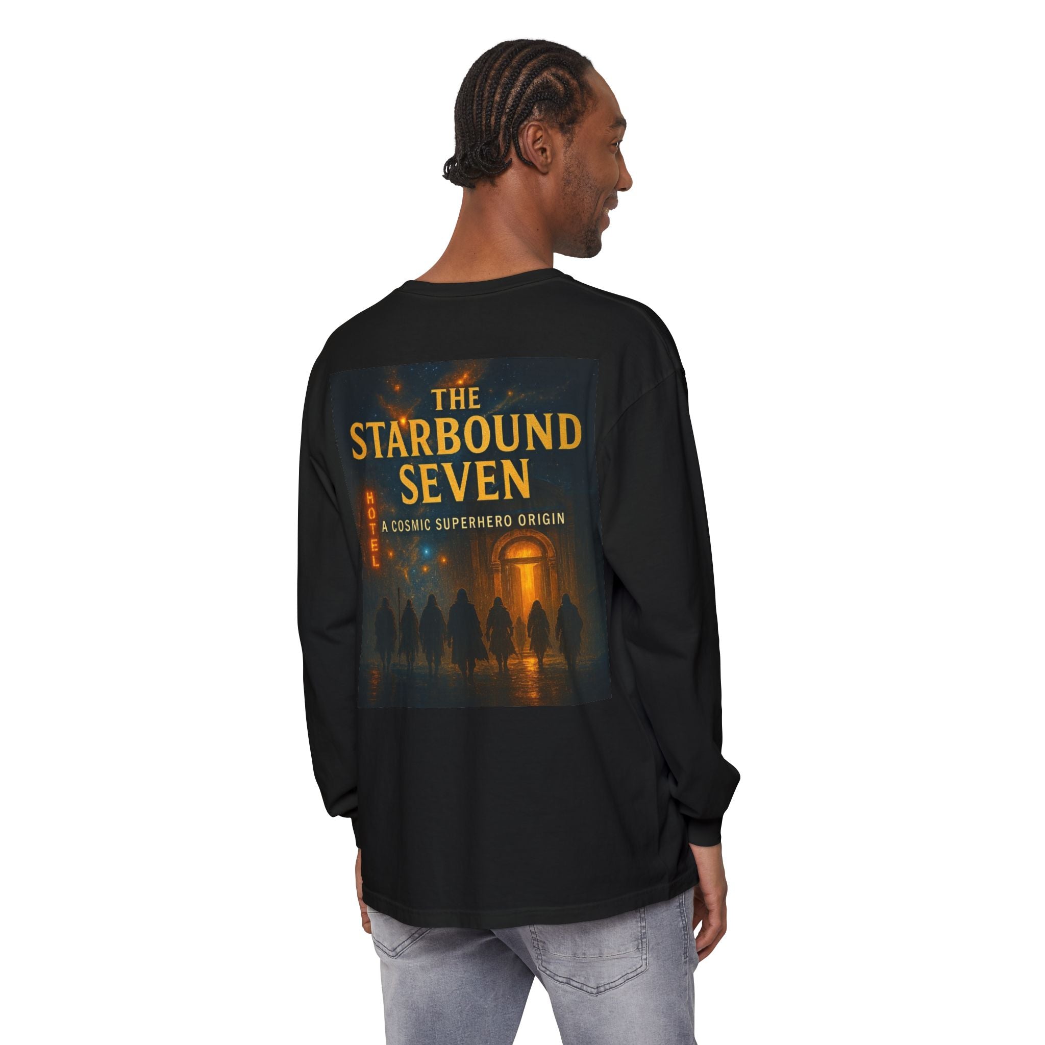 PRB The Starbound Seven graphic long sleeve shirt | cosmic superhero poster by Power Runs Black