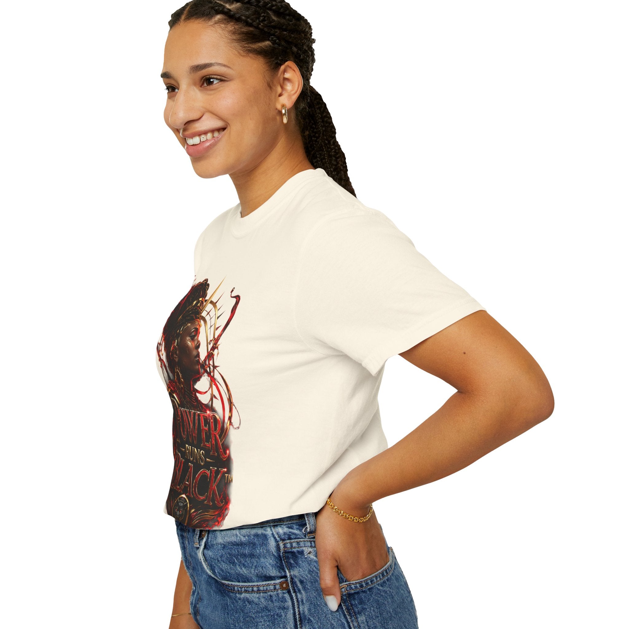 Power Runs Black T-Shirt — Afrocentric Crowned Goddess Graphic Tee by Printify