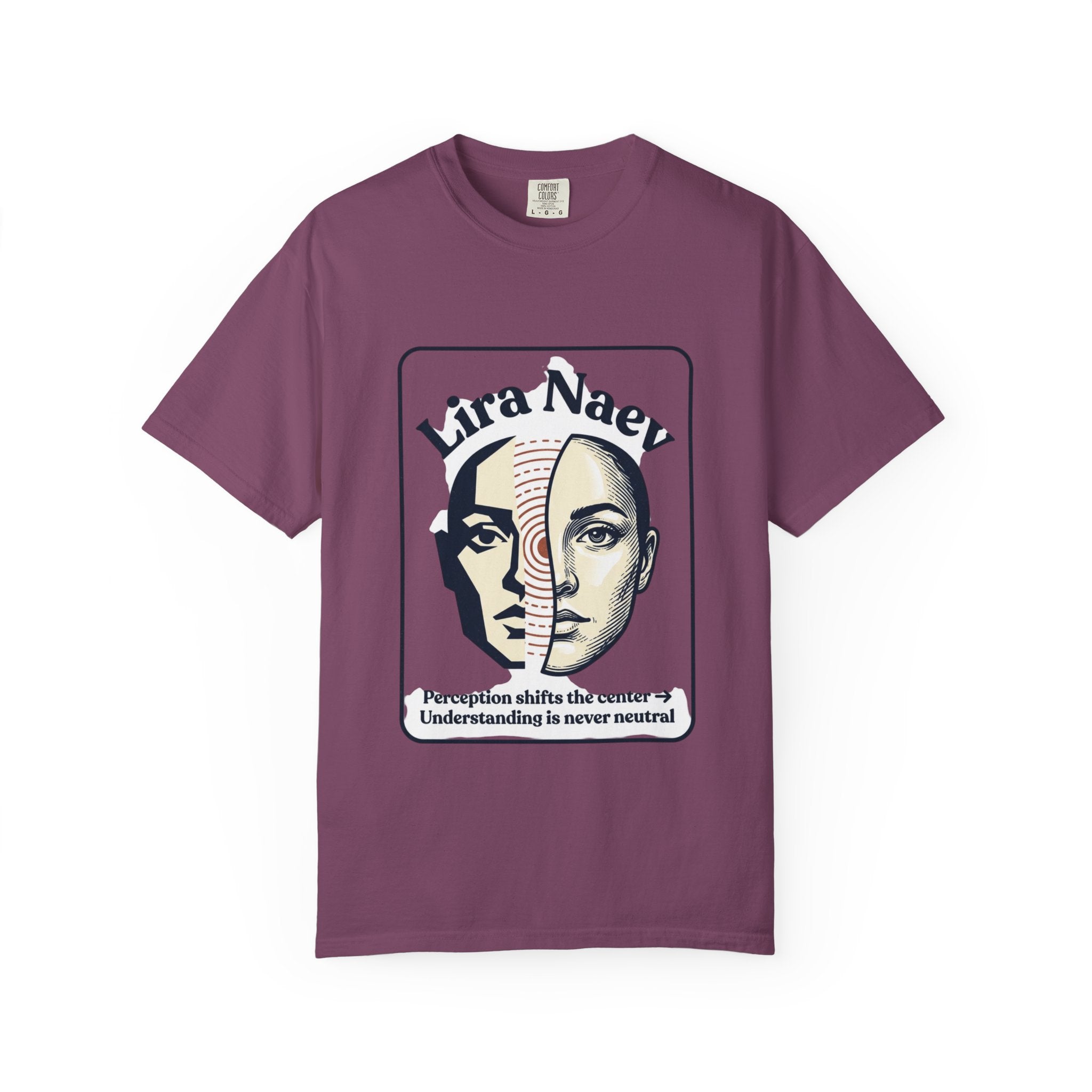 Power Runs Black PRB Lira Naev Split-Face Graphic T-Shirt — “Perception shifts the center” Statement Tee by Printify
