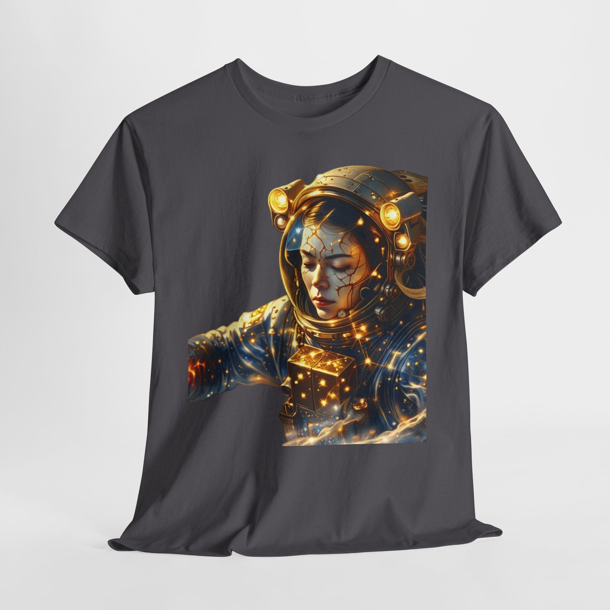 Power Runs Black PRB Golden Astronaut Portrait T-Shirt | Space Helmet Art, Cosmic Lights by Printify