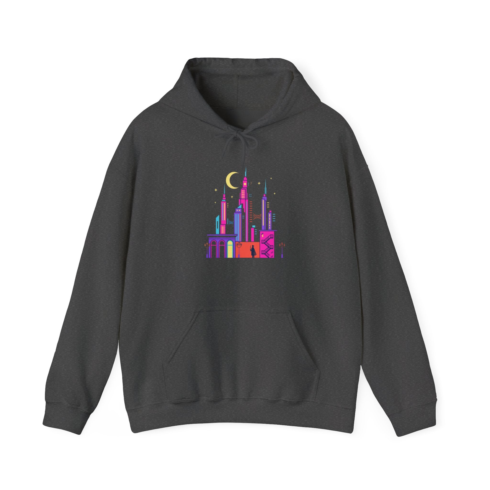 PRB Colorful City Skyline Hoodie – Vibrant Nighttime Urban Graphic by Power Runs Black