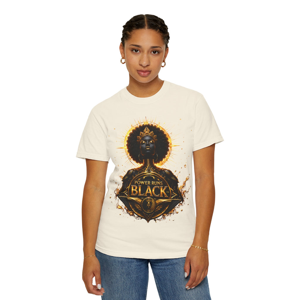Power Runs Black goddess illustration T-Shirt | Afrocentric black pride design by Power Runs Black