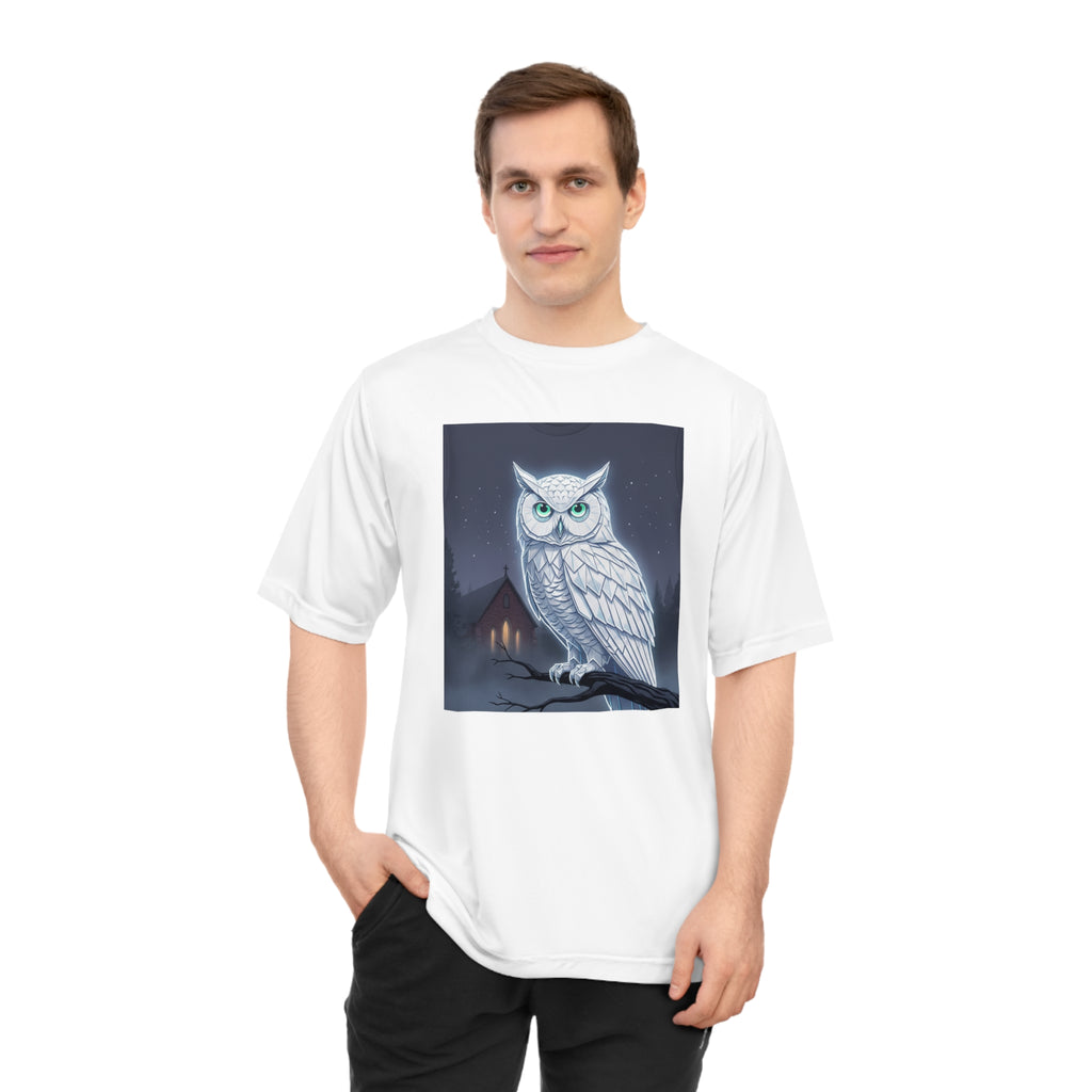 PRB White Snowy Owl Illustration T-shirt | Moonlit Night, Cabin Scene by Power Runs Black