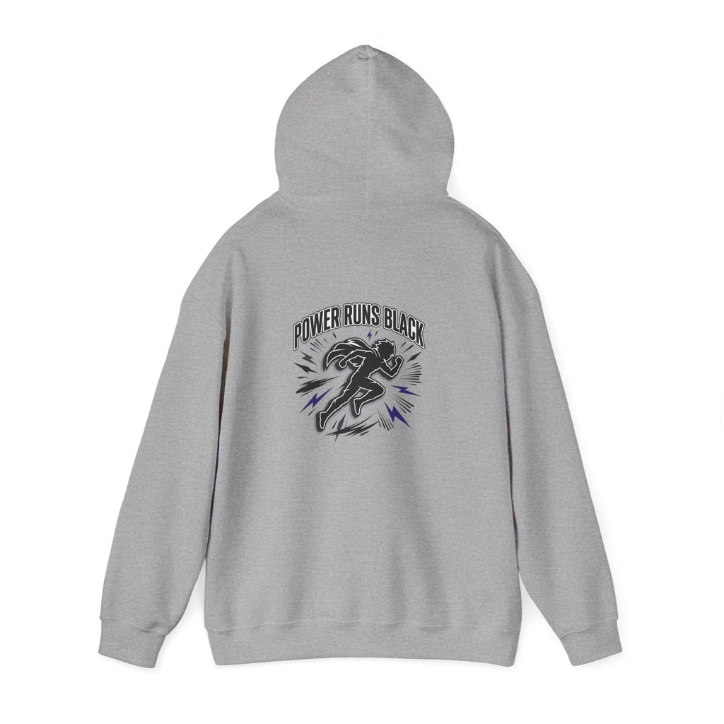 Power Runs Black Hoodie — Bold Graphic Athletic Streetwear by Printify