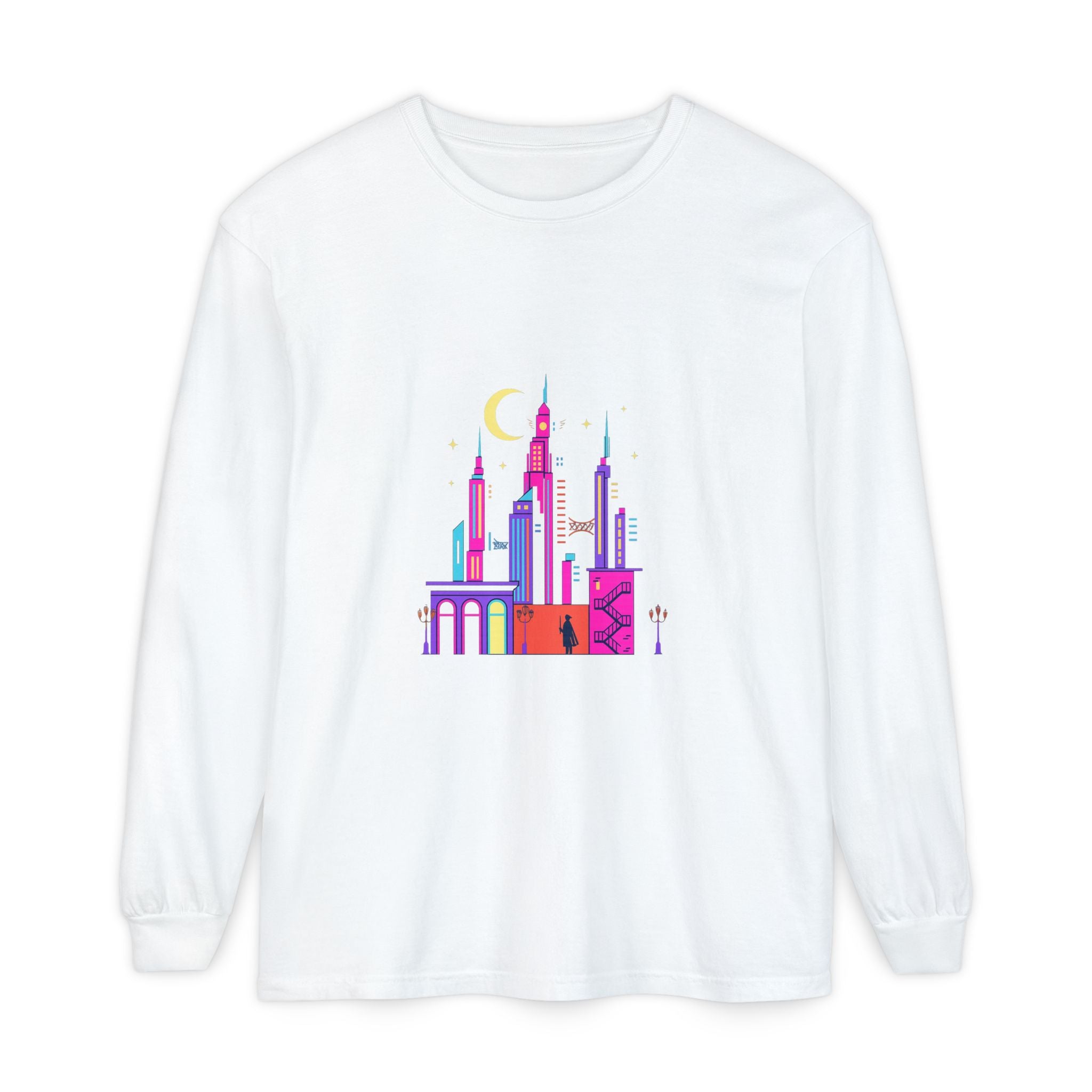 PRB Neon City Skyline Long Sleeve Shirt | Urban Nightscape Illustration by Power Runs Black