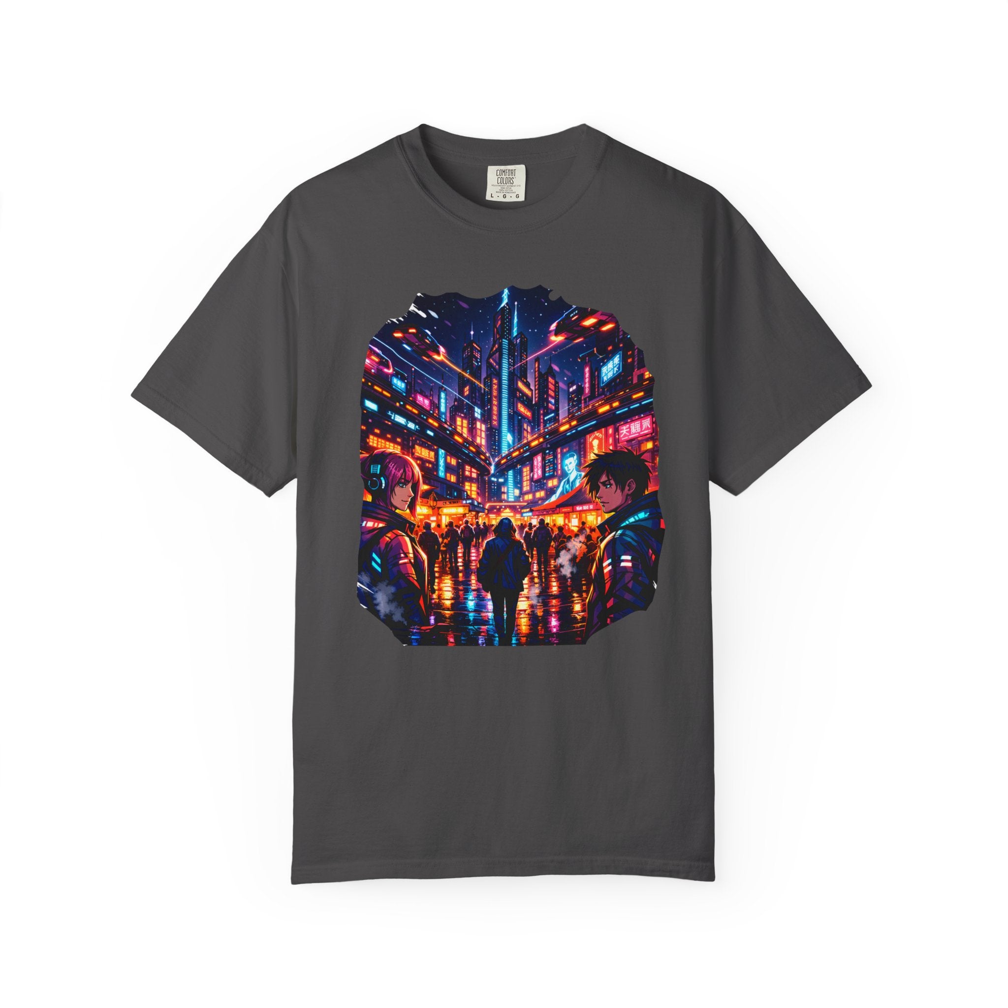 PRB Neon Cyberpunk Cityscape T-shirt | Anime Night Rain Streets by Power Runs Black
