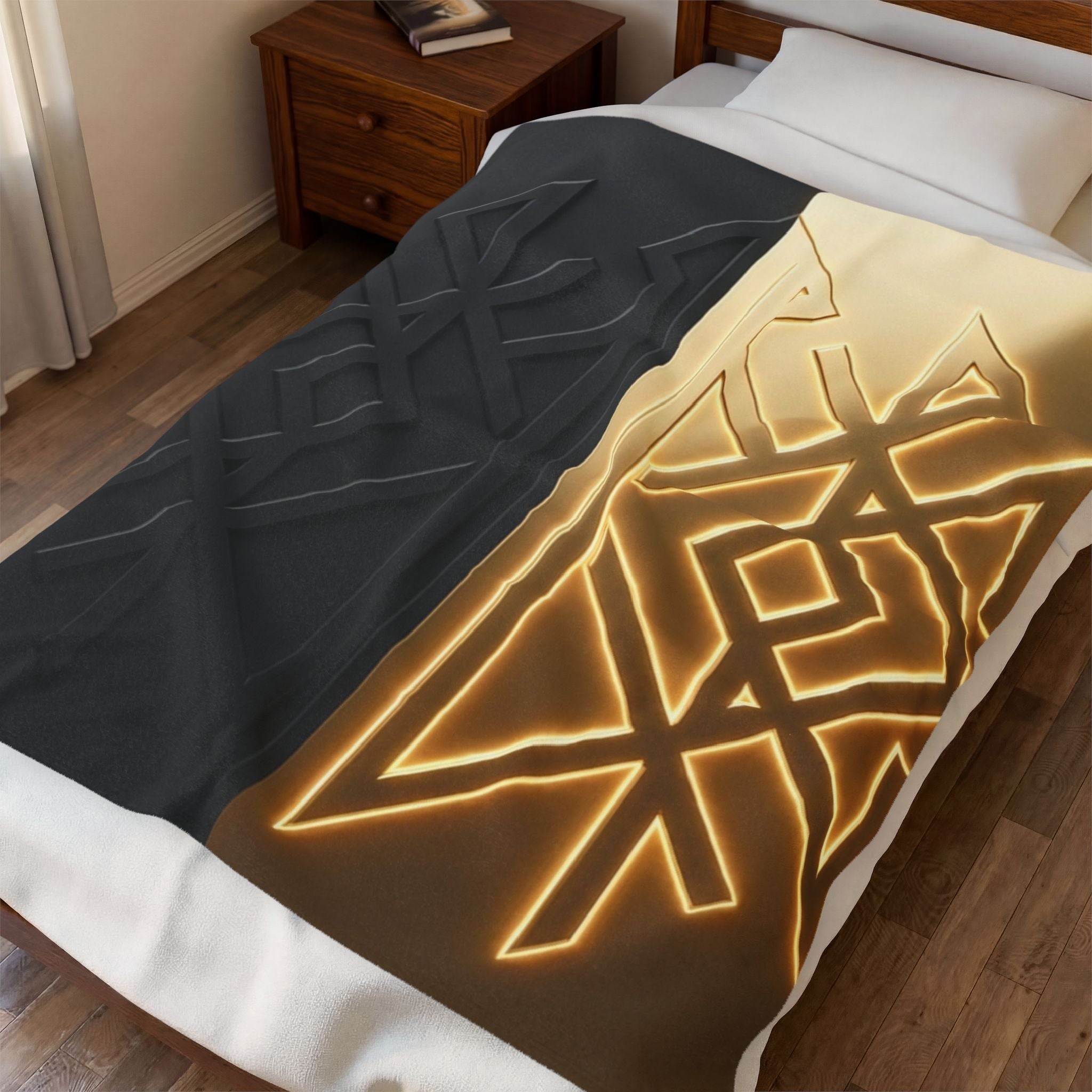Power Runs Black PRB Velveteen Plush Blanket — Geometric Gold & Black Nordic Rune Throw by Power Runs Black