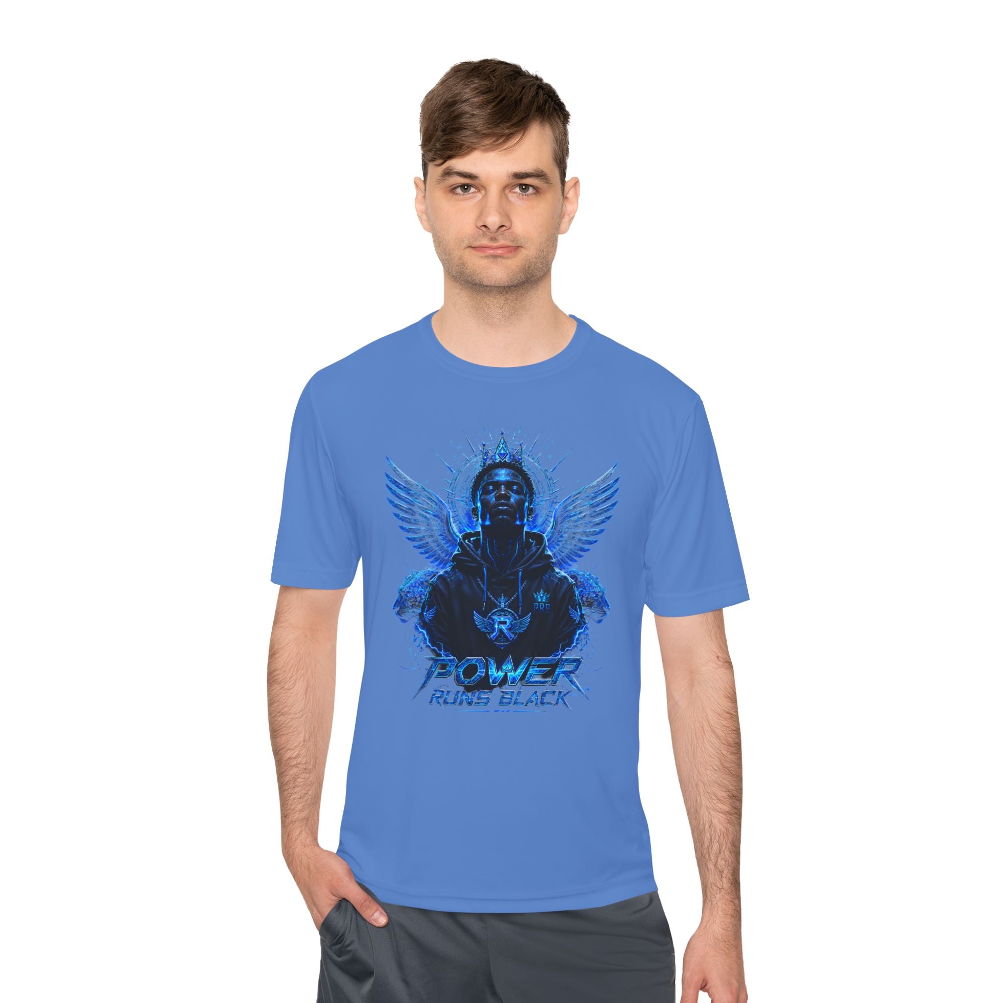 Power Runs Black graphic Tee | Blue angel wings, armored figure, bold script by Power Runs Black