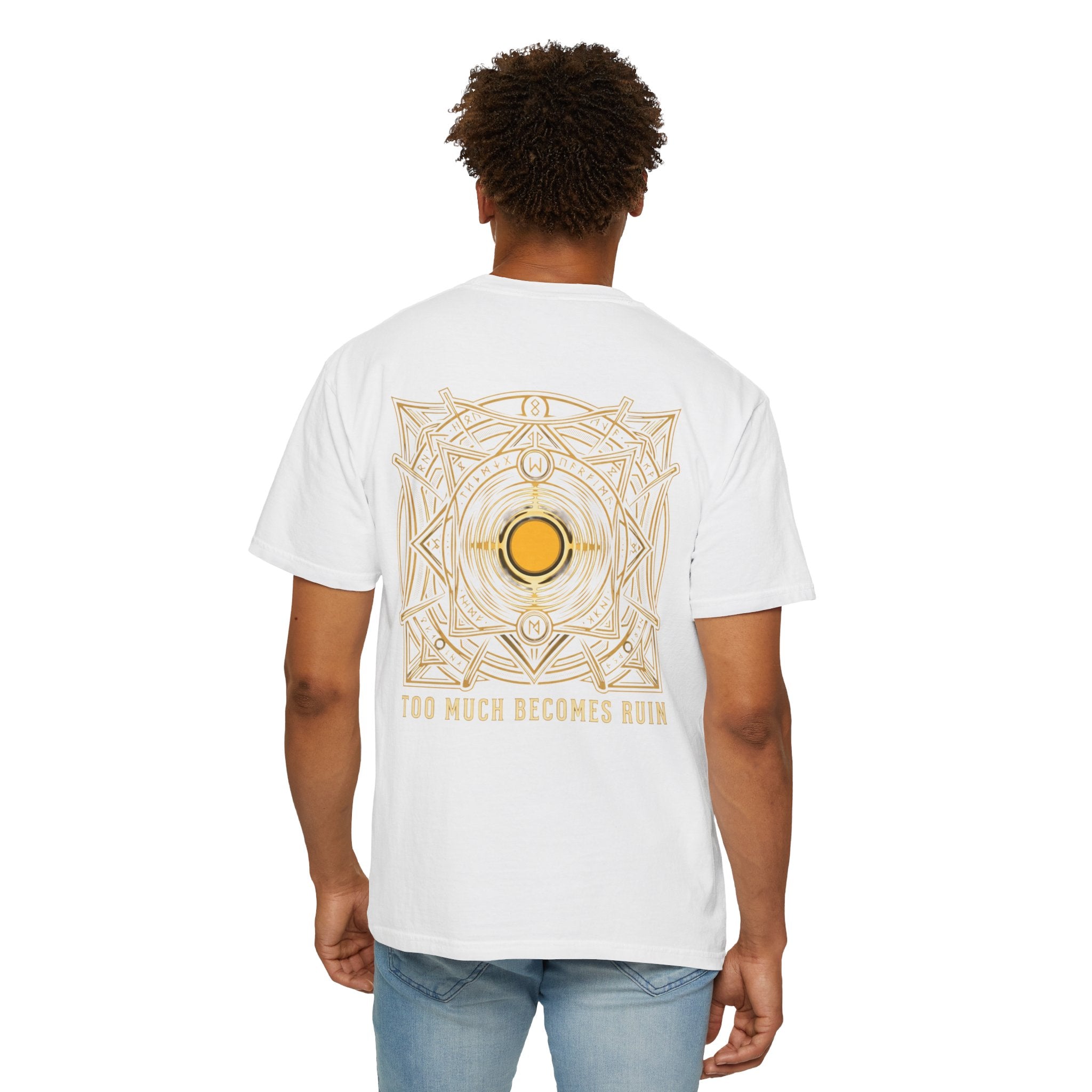 Power Runs Black PRB — Veyra Kain Geometric Sigil Tee with “Too Much Becomes Ruin” Graphic T-Shirt by Printify