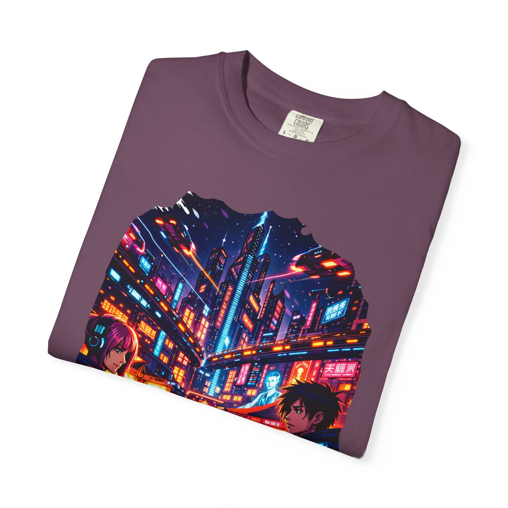 PRB Neon Cyberpunk Cityscape T-shirt | Anime Night Rain Streets by Power Runs Black