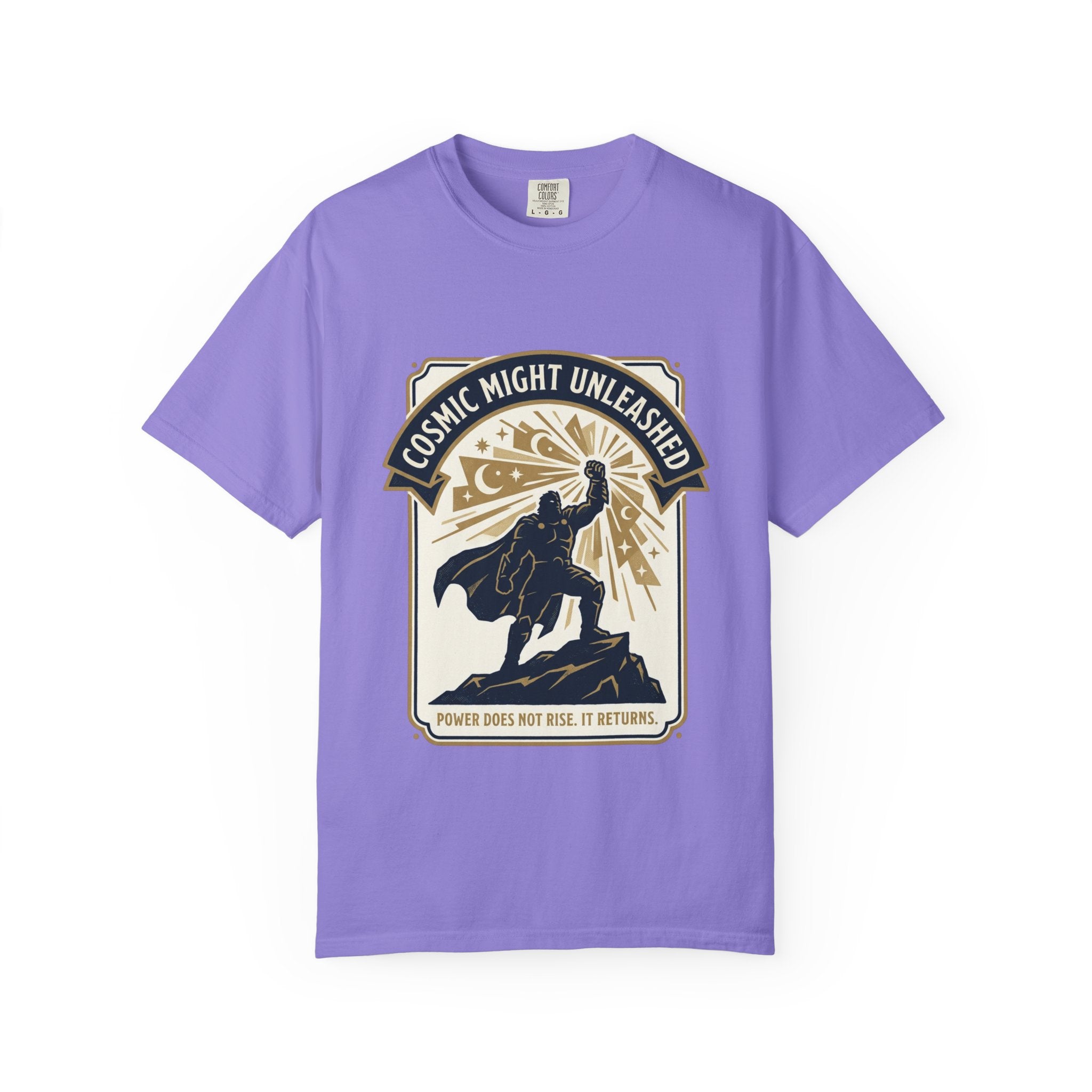 PRB Starforged Flex Cosmic Might Unleashed T-Shirt — Retro Superhero Space Graphic ('Power Does Not Rise, It Returns') by Power Runs Black