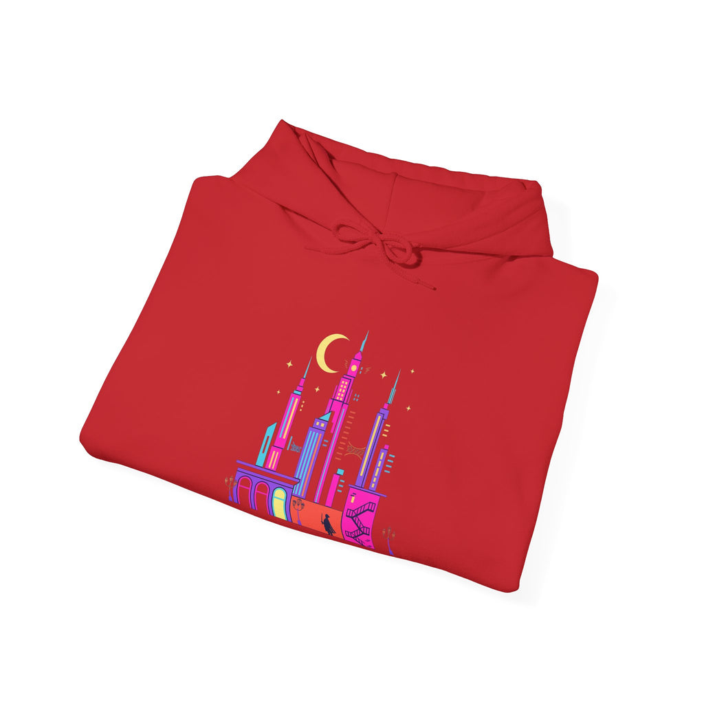 PRB Colorful City Skyline Hoodie – Vibrant Nighttime Urban Graphic by Power Runs Black