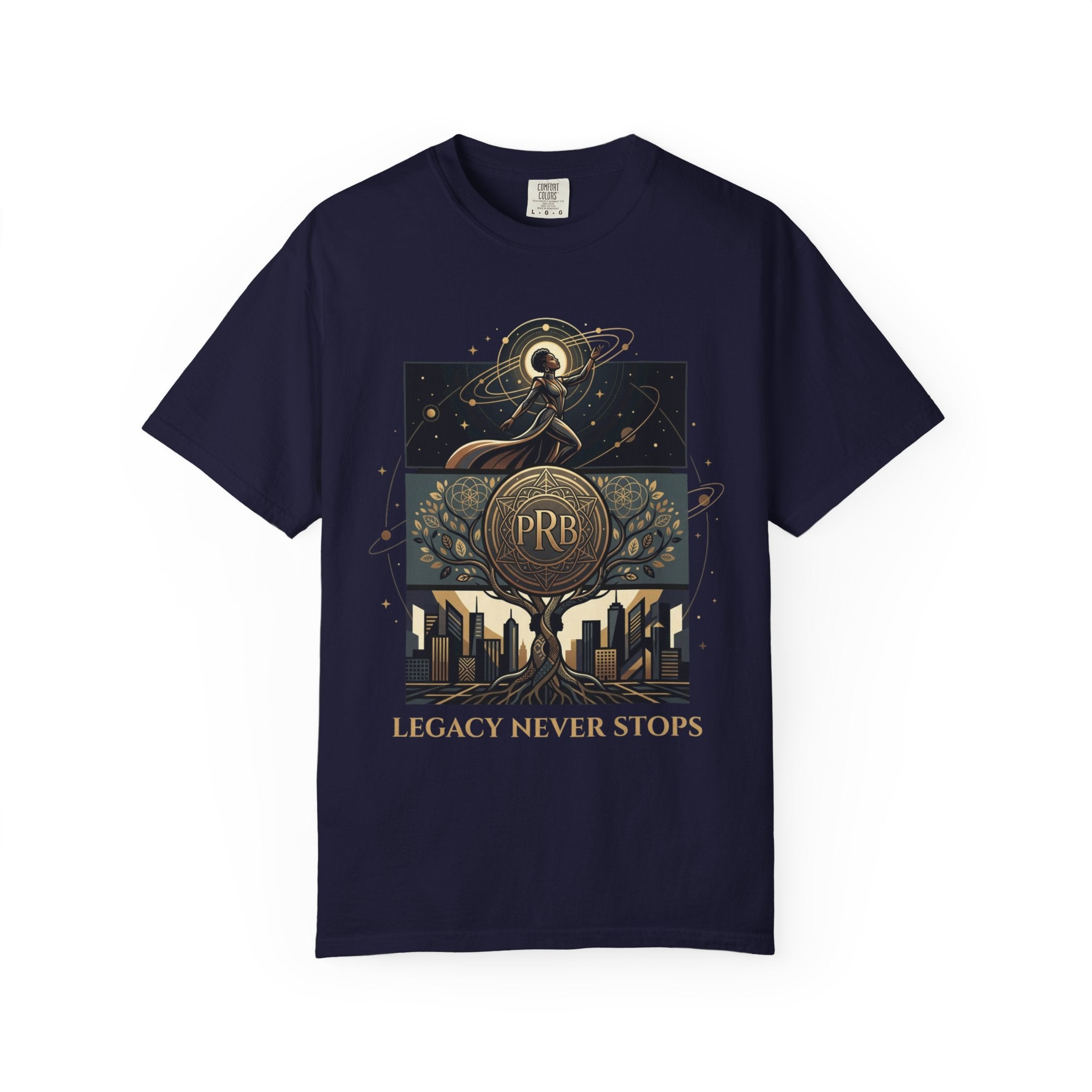 PRB Legacy Never Stops Graphic T-Shirt | Art Deco City Skyline Tee by Printify