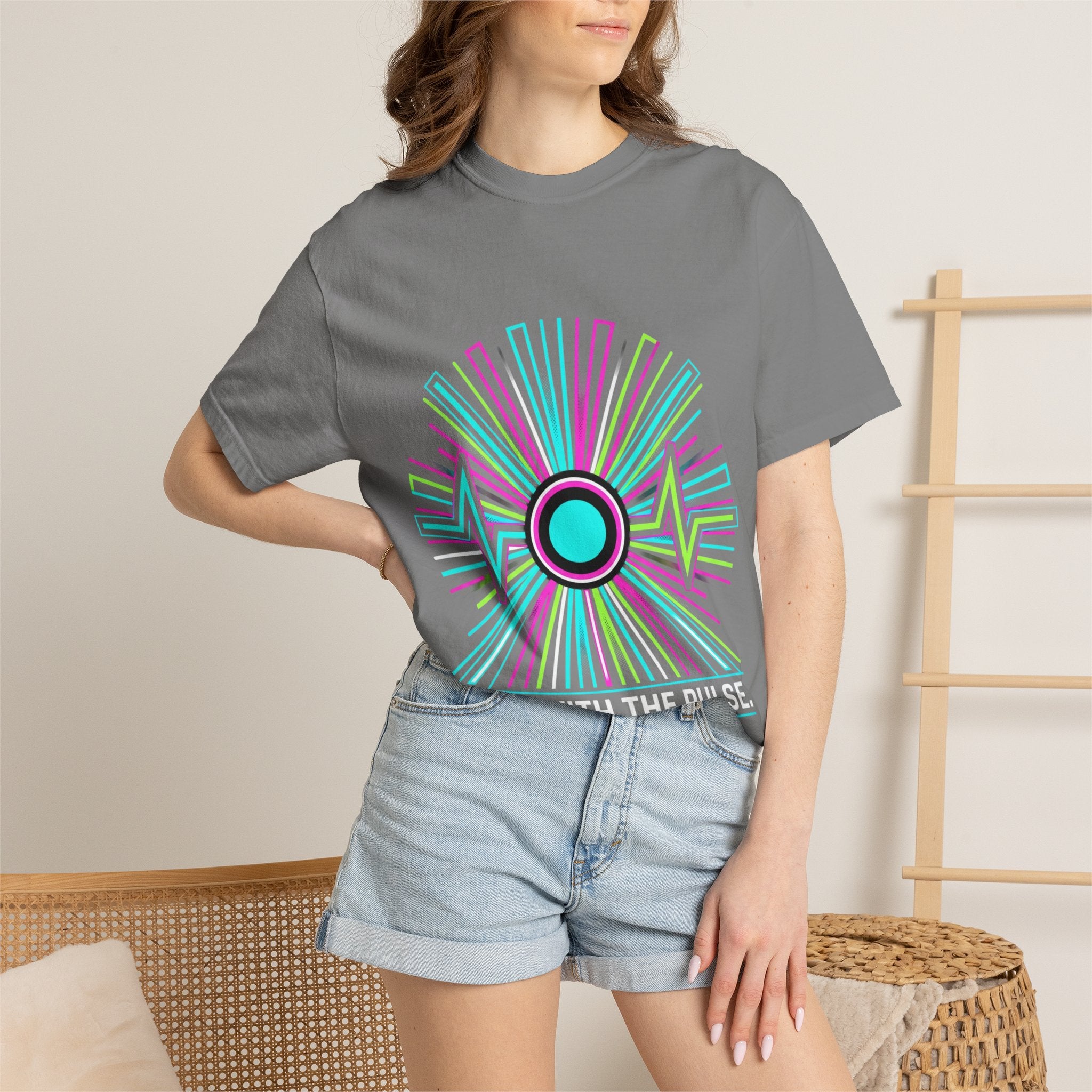 Power Runs Black PRB Electric "Move With Pulse" Graphic T-Shirt — Neon Sunburst Design by Printify