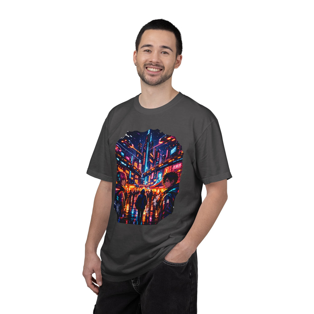 PRB Neon Cyberpunk Cityscape T-shirt | Anime Night Rain Streets by Power Runs Black