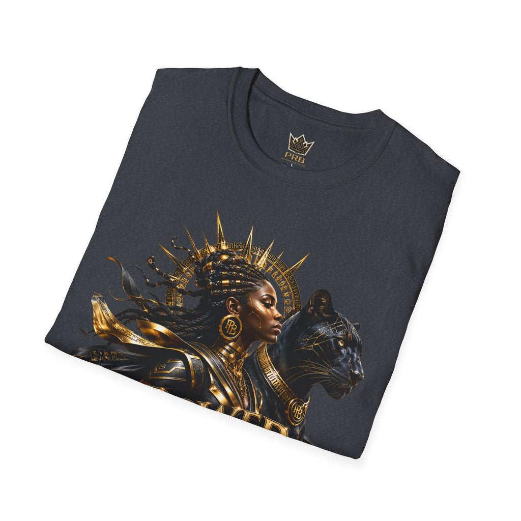 Power Runs Black PRB | Black Woman Portrait, Gold Accents Panther Graphics T by Power Runs Black