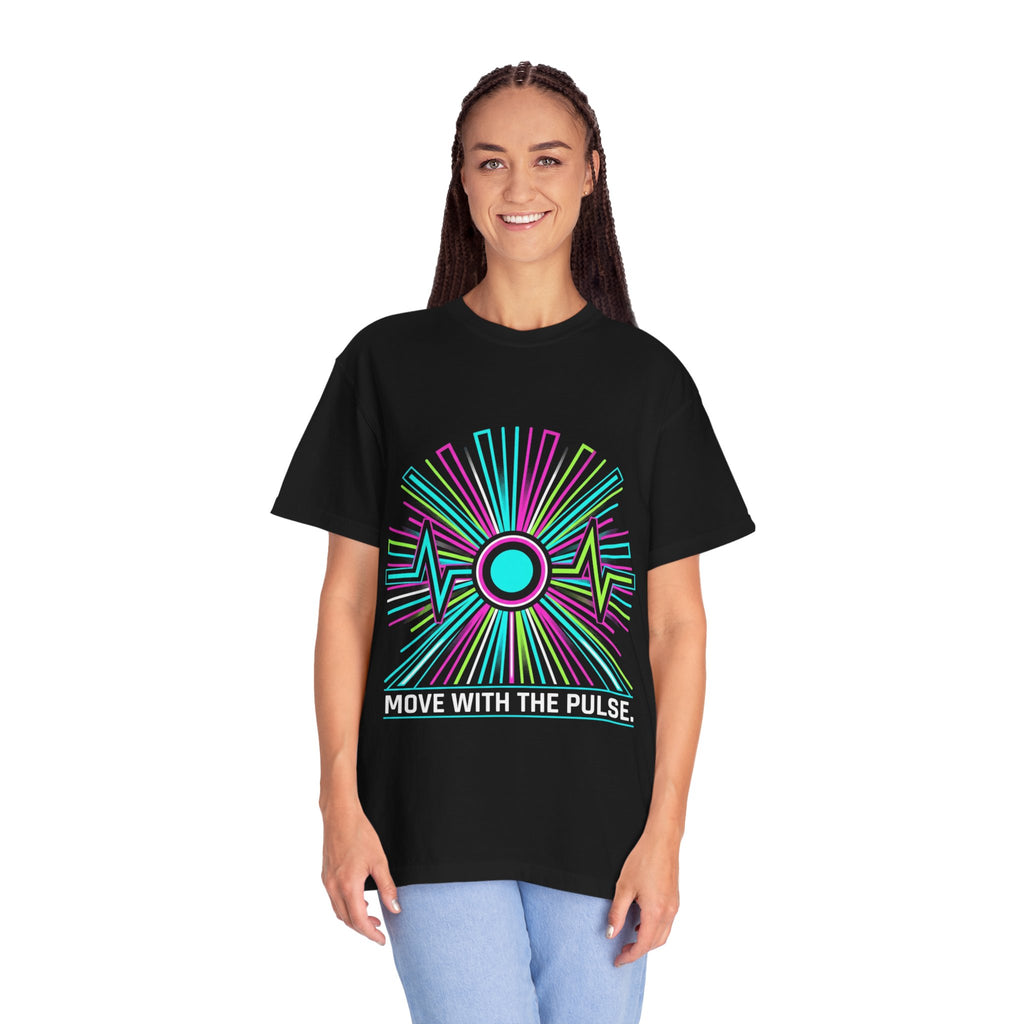 Power Runs Black PRB Electric "Move With Pulse" Graphic T-Shirt — Neon Sunburst Design by Power Runs Black