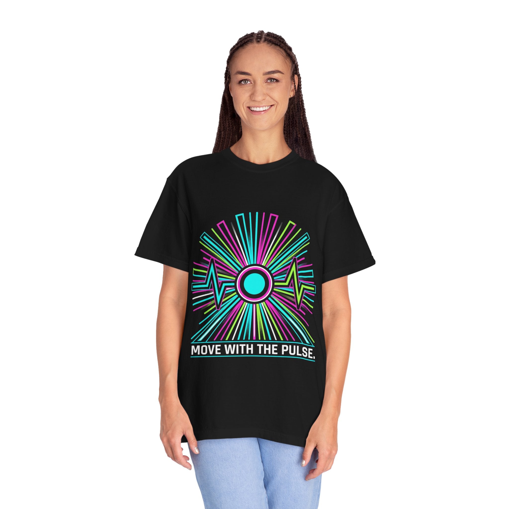 Power Runs Black PRB Electric "Move With Pulse" Graphic T-Shirt — Neon Sunburst Design by Power Runs Black