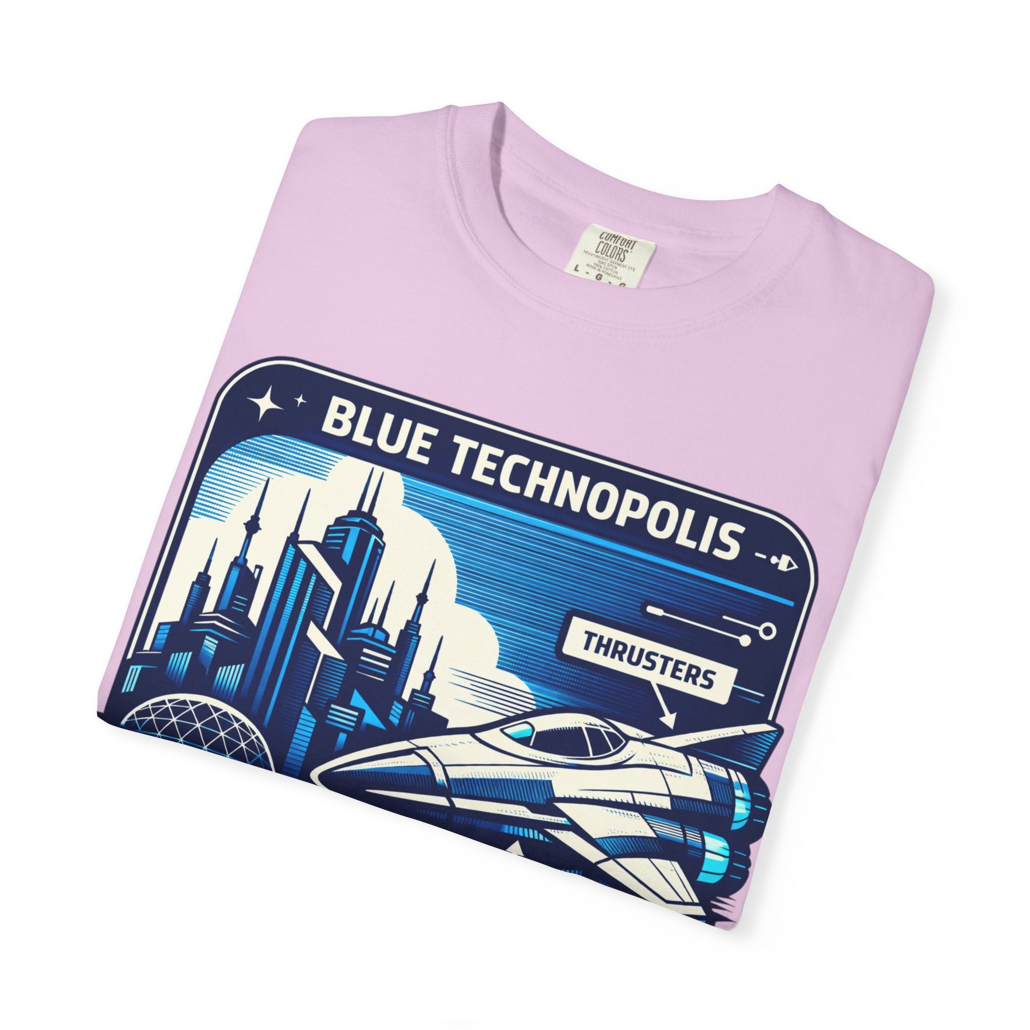 Power Runs Black PRB Technopolis Spacecraft T-Shirt — Blue Technopolis Retro Sci‑Fi Tee by Power Runs Black
