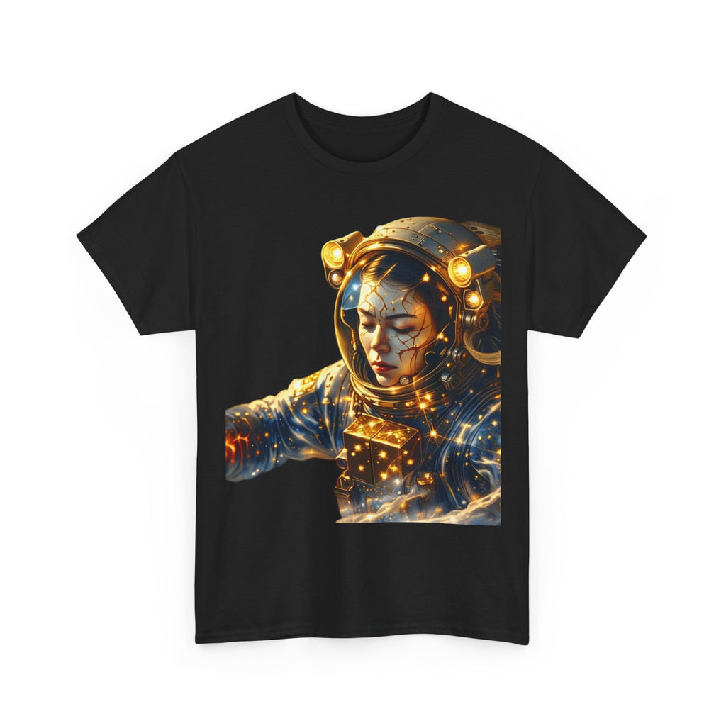 PRB Golden Astronaut Portrait T-Shirt | Space Helmet Art, Cosmic Lights by Power Runs Black