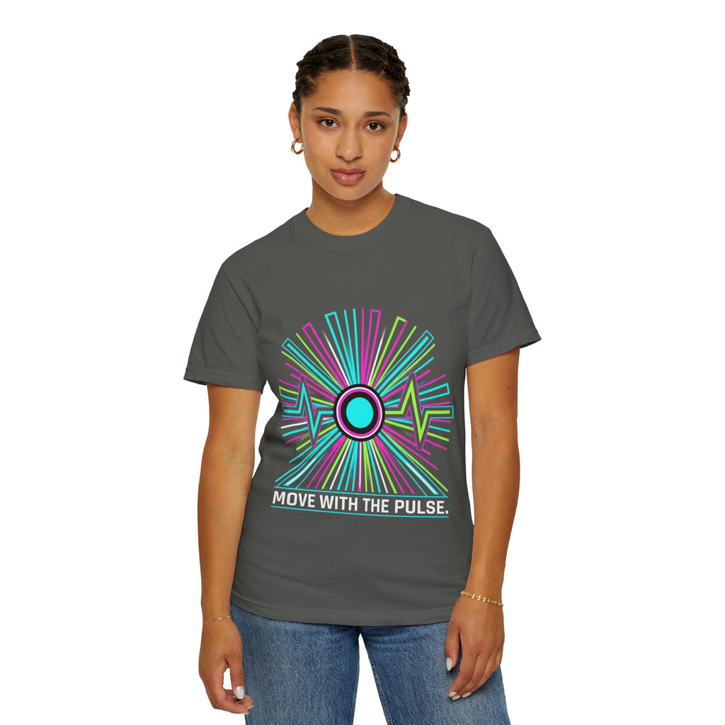 Power Runs Black PRB Electric "Move With Pulse" Graphic T-Shirt — Neon Sunburst Design by Power Runs Black