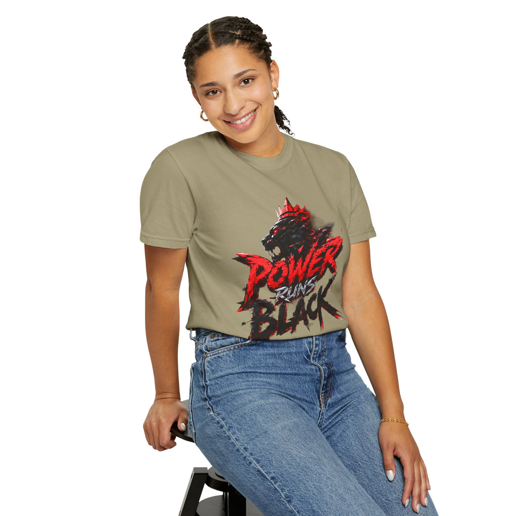 Power Runs Black T-shirt | Wolf Silhouette, Red Black Graphic Tee by Power Runs Black