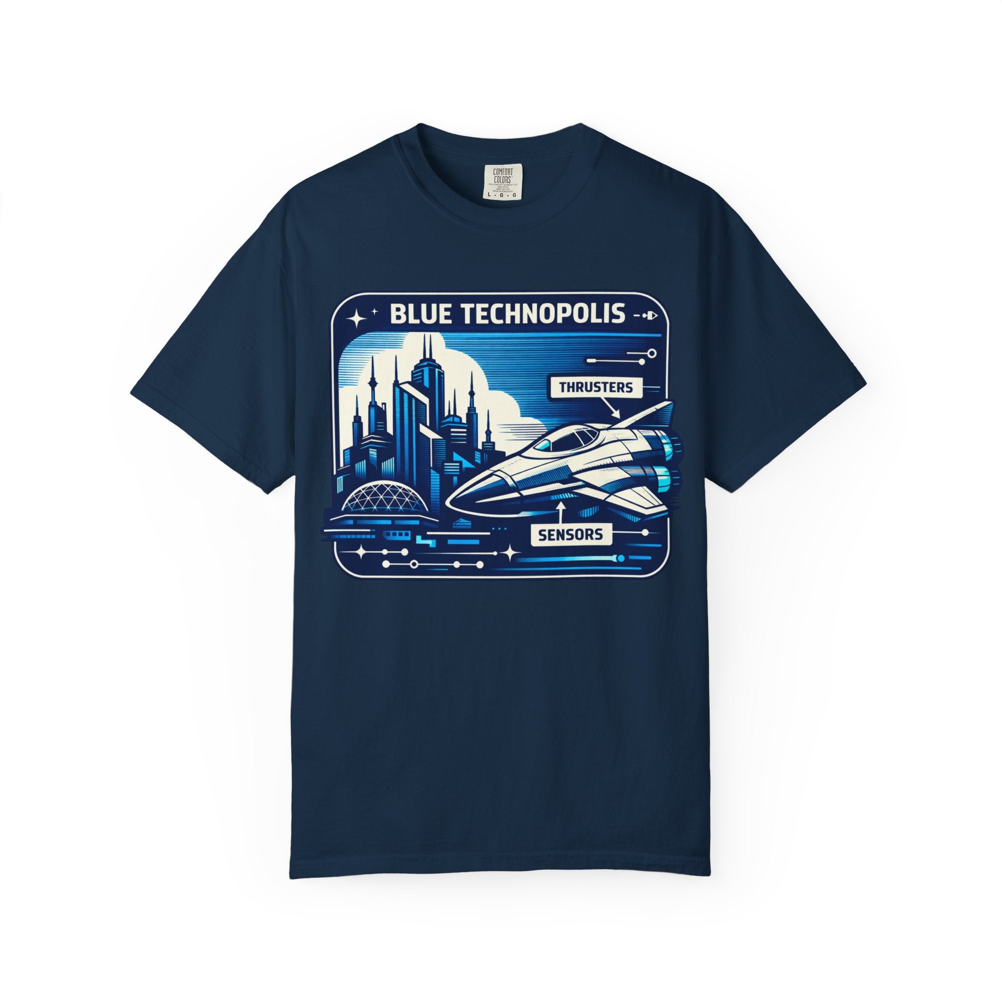 Power Runs Black PRB Technopolis Spacecraft T-Shirt — Blue Technopolis Retro Sci‑Fi Tee by Power Runs Black