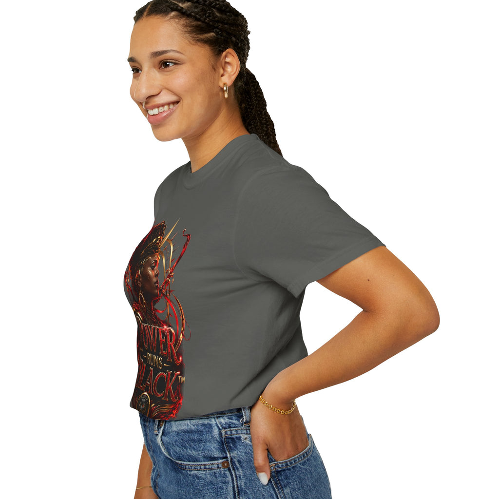 Power Runs Black T-Shirt — Afrocentric Crowned Goddess Graphic Tee by Printify