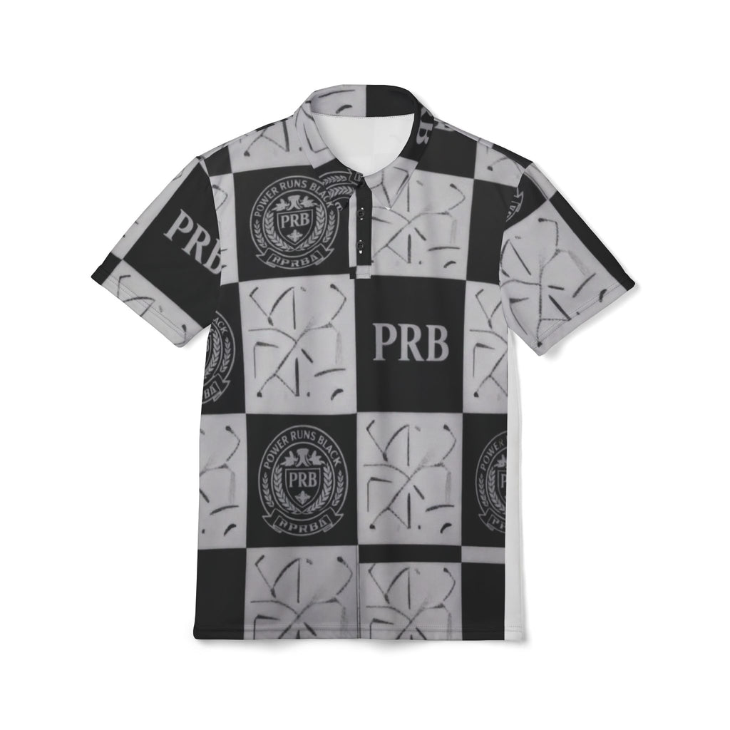 PRB Checkerboard Logo Polo Shirt — PRB Monogram All-Over Print by Power Runs Black