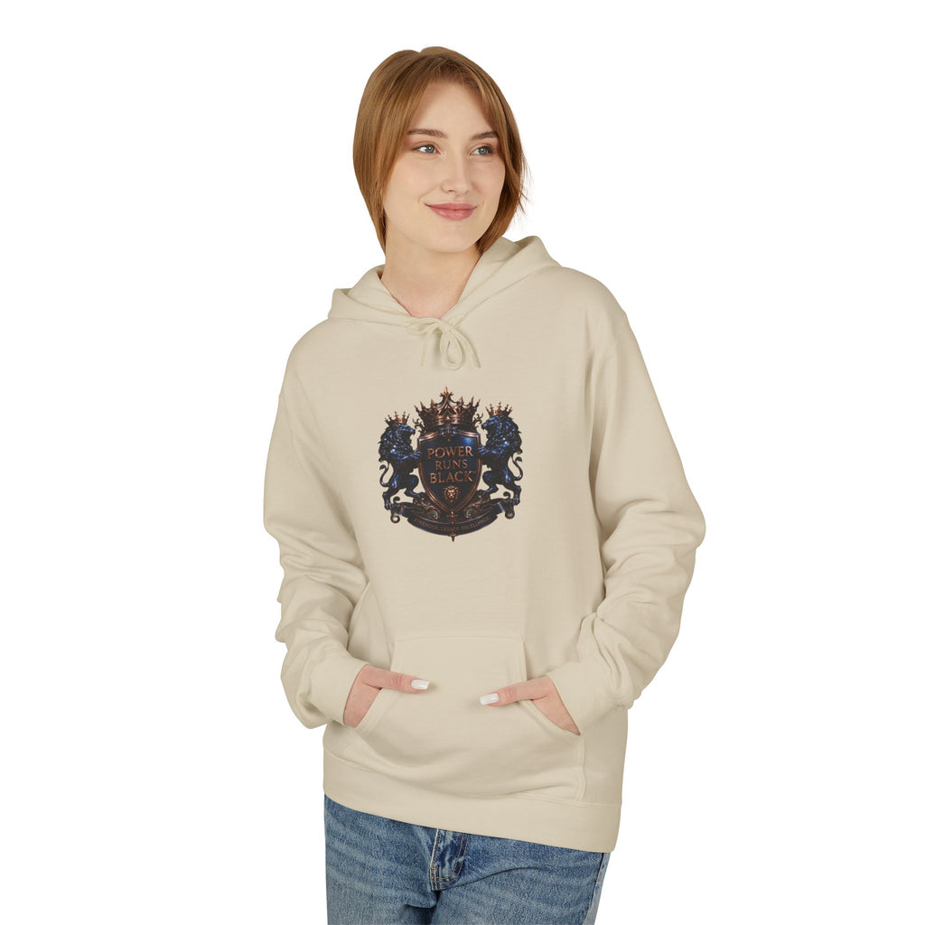 Power Runs Black crest hoodie | medieval shield with lions and wings by Power Runs Black