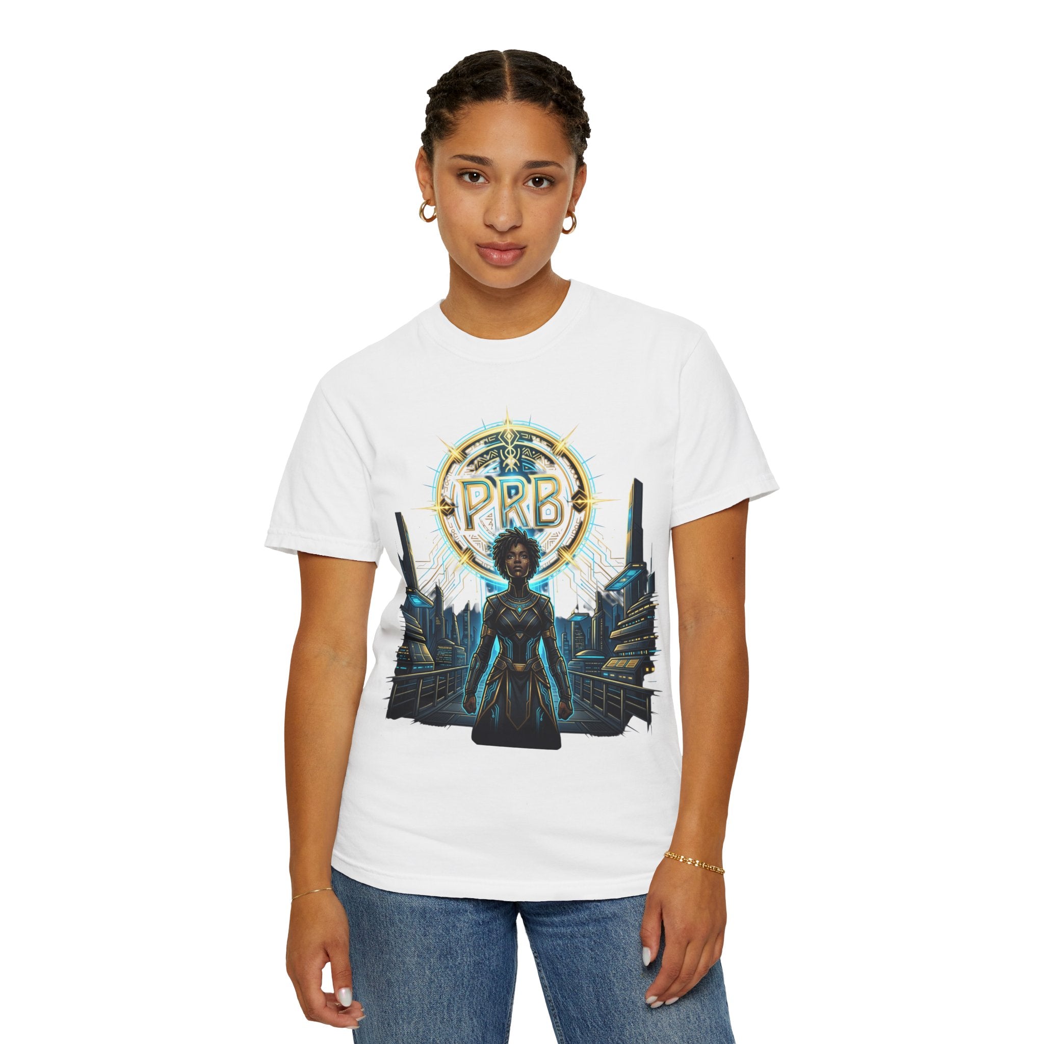 Futuristic Warrior Afrofuturist Graphic T-Shirt | Sci-Fi Streetwear Tee by Printify