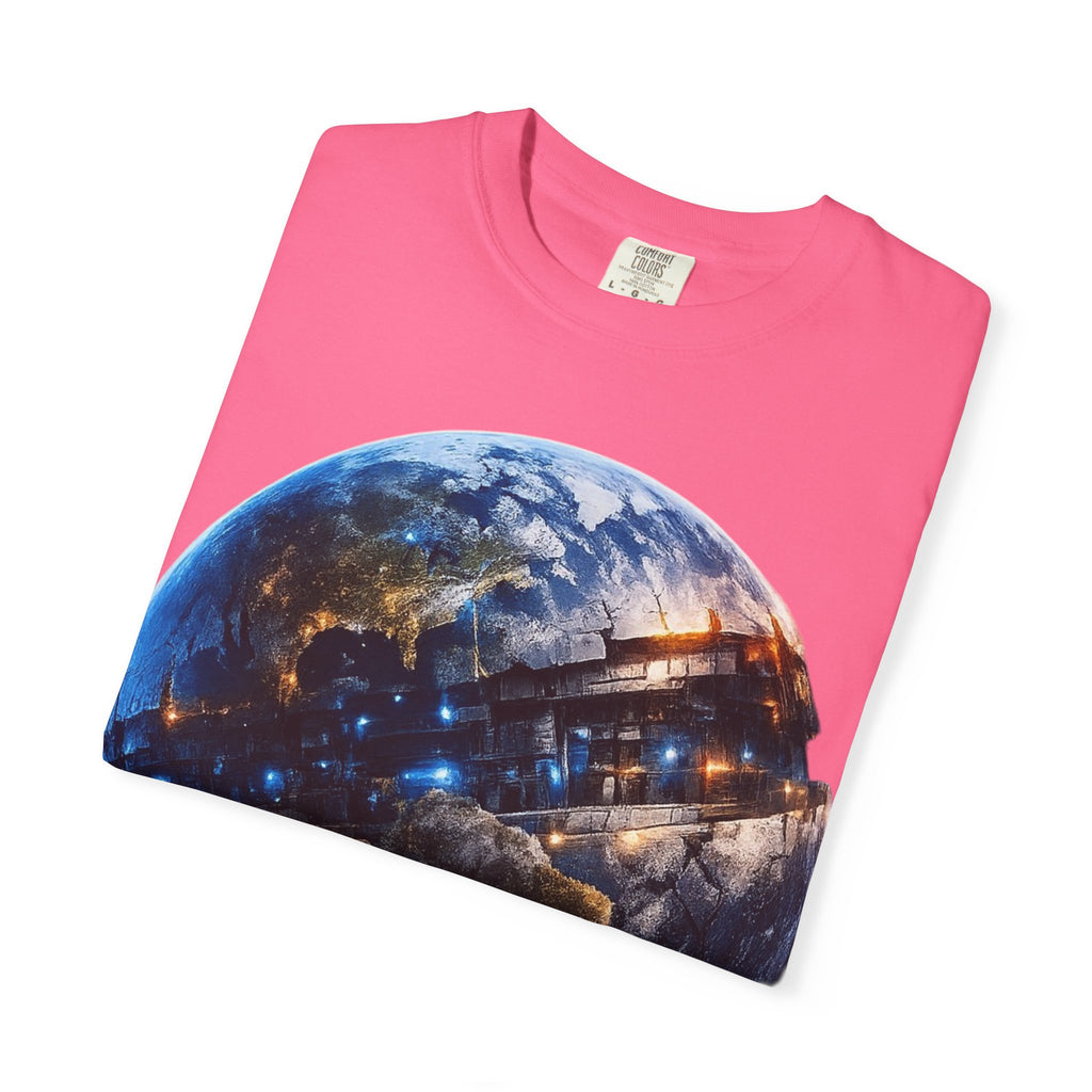 PRB Cityscape Globe T-shirt | Nighttime Earth Illustration, Urban Lights by Power Runs Black