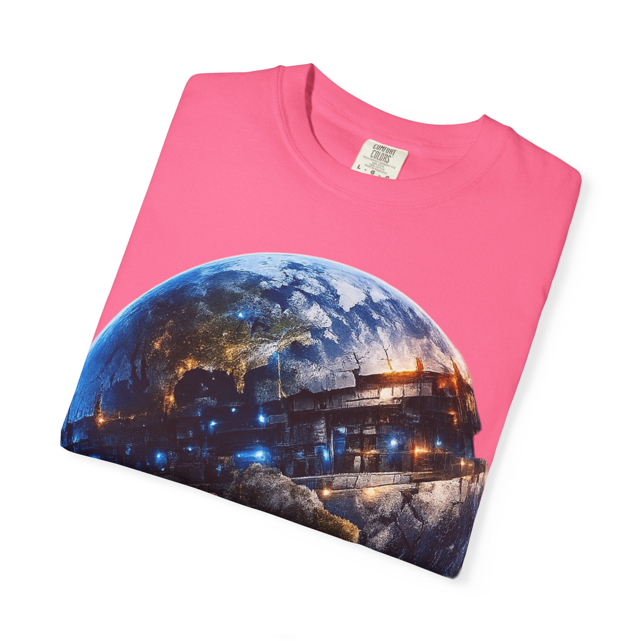 PRB Cityscape Globe T-shirt | Nighttime Earth Illustration, Urban Lights by Power Runs Black