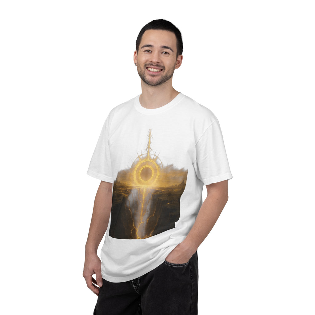 Power Runs Black PRB Golden Eclipse Portal T-shirt | Fantasy Landscape, Mystic Ring, Tower Art by Power Runs Black