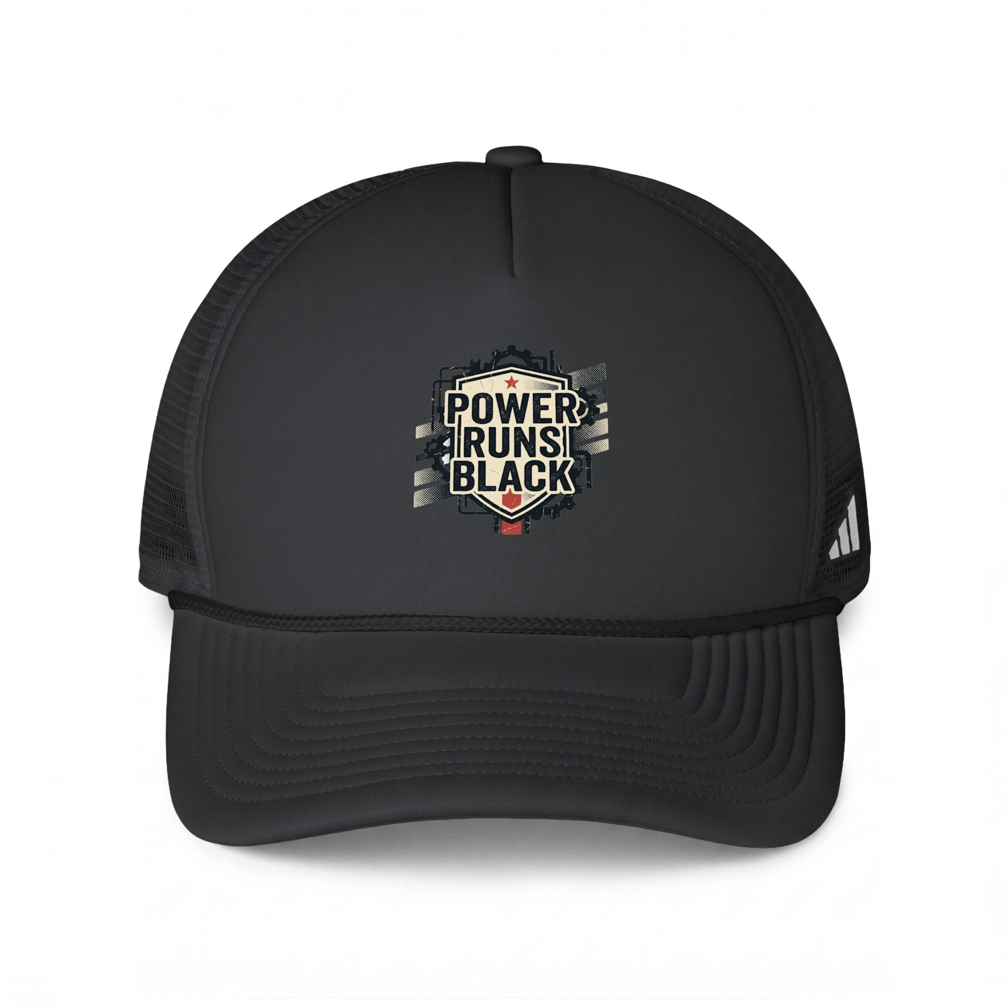 Power Runs Black Trucker Cap — "Power Runs Black" Vintage Adidas Patch Mesh Hat by Power Runs Black