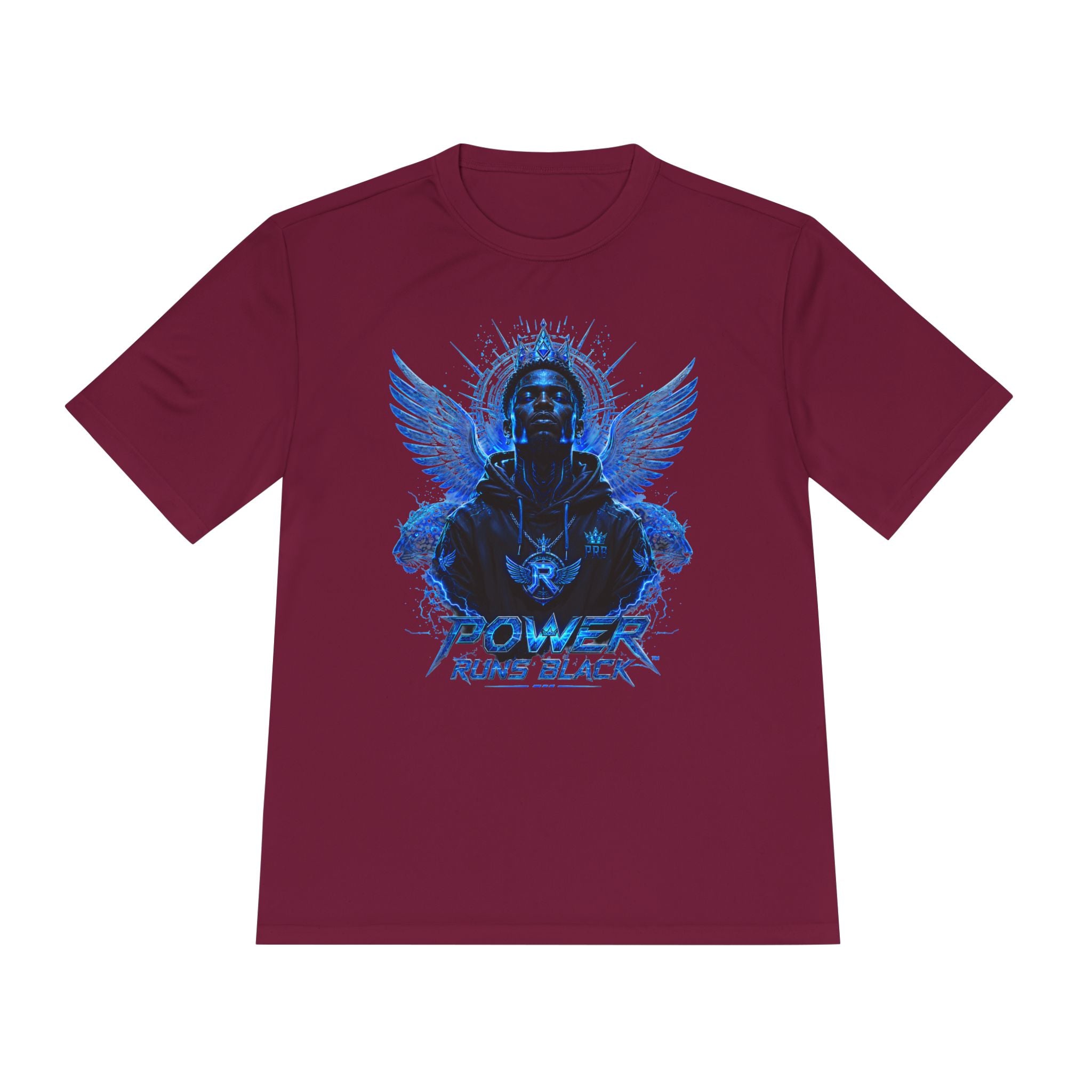Power Runs Black graphic Tee | Blue angel wings, armored figure, bold script by Power Runs Black