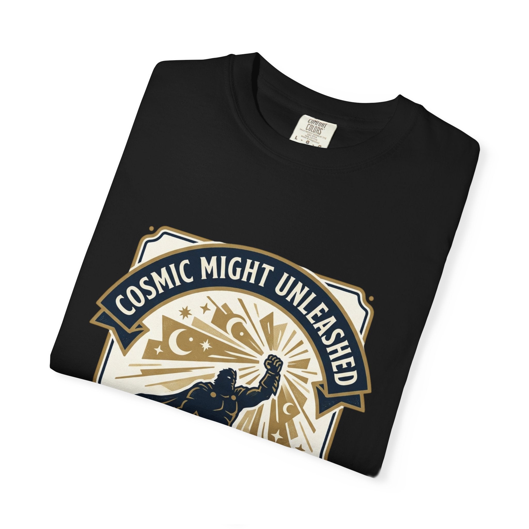 PRB Starforged Flex Cosmic Might Unleashed T-Shirt — Retro Superhero Space Graphic ('Power Does Not Rise, It Returns') by Power Runs Black