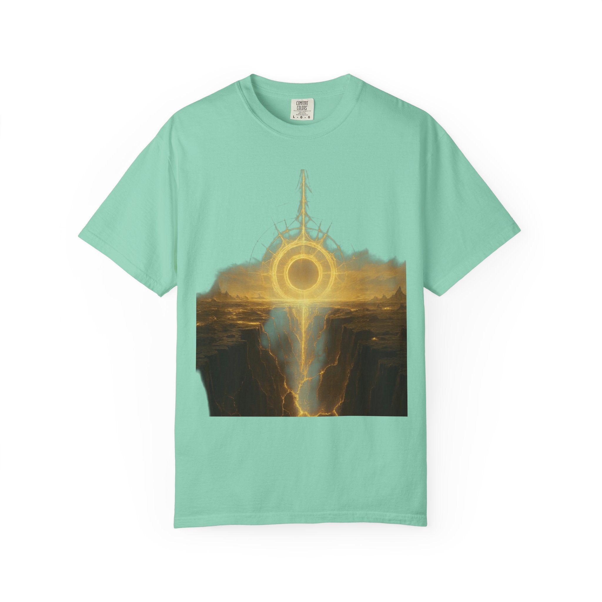 Power Runs Black PRB Golden Eclipse Portal T-shirt | Fantasy Landscape, Mystic Ring, Tower Art by Power Runs Black