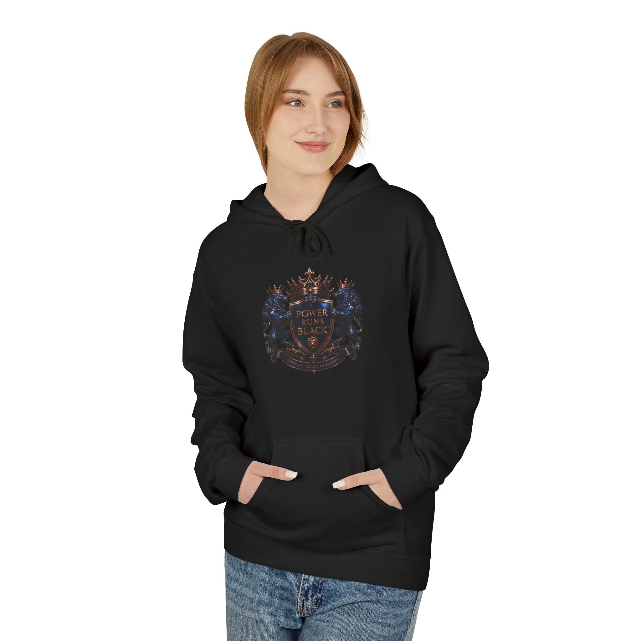 Power Runs Black crest hoodie | medieval shield with lions and wings by Power Runs Black