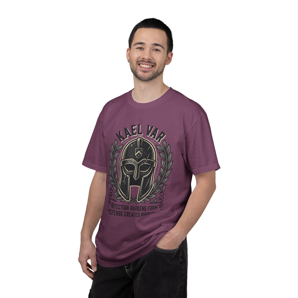 Power Runs Black PRB Kael Var Helmet Graphic T-Shirt — "Protection Hardens Form" Warrior Tee by Printify