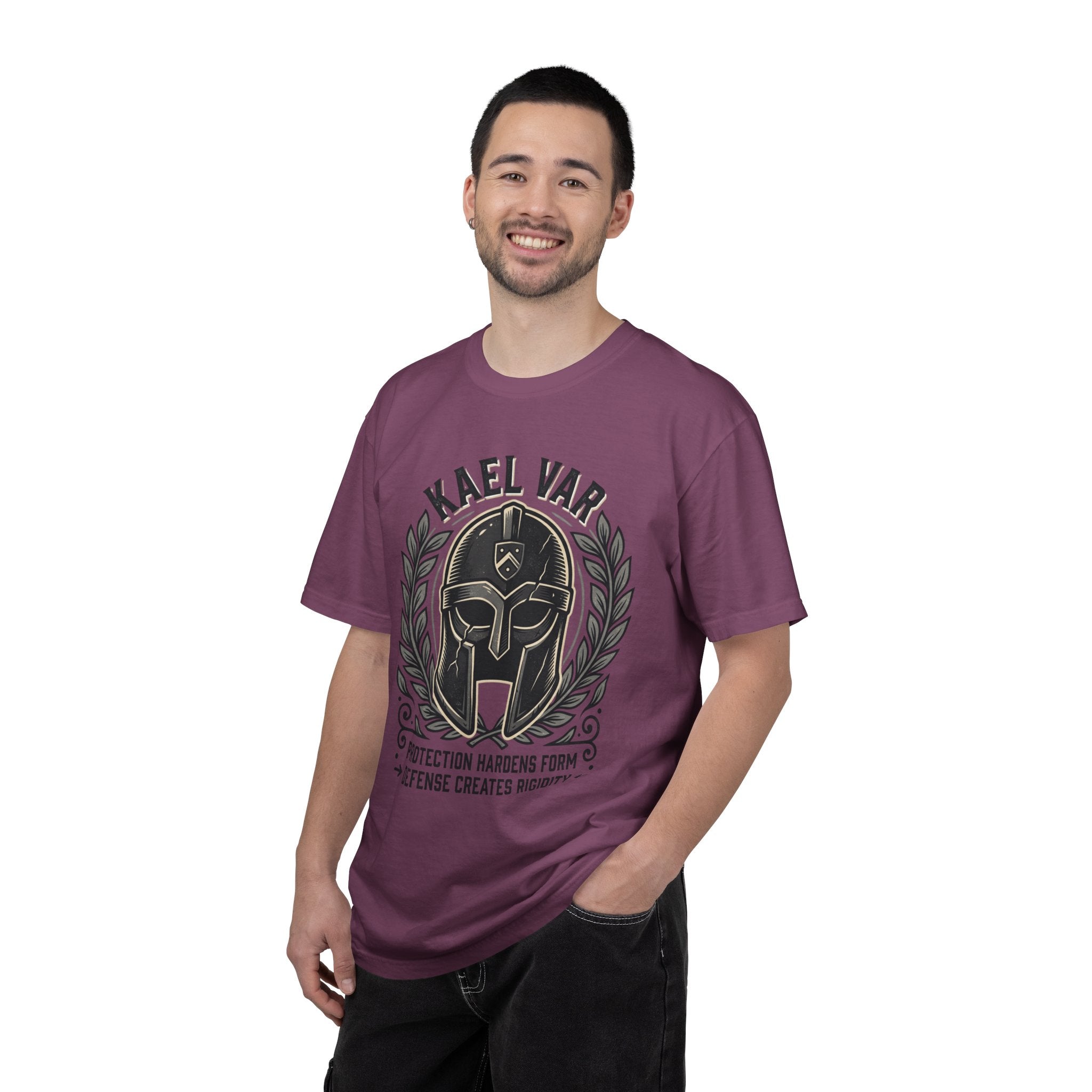 Power Runs Black PRB Kael Var Helmet Graphic T-Shirt — "Protection Hardens Form" Warrior Tee by Printify