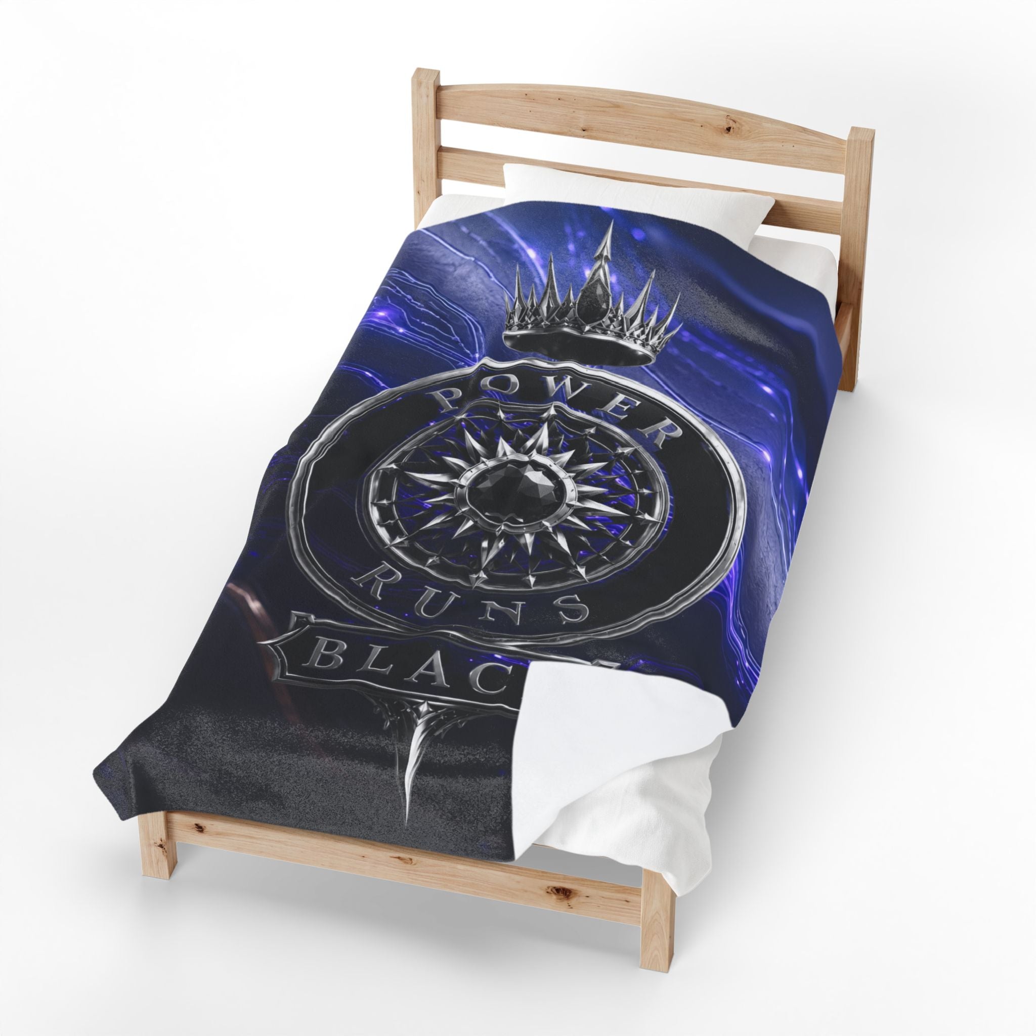 Power Runs Black Velveteen Plush Blanket – Galactic Crown Emblem by Power Runs Black