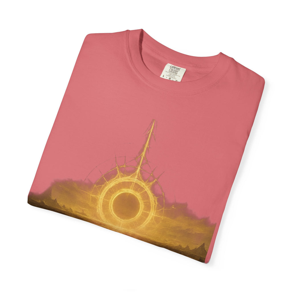 Power Runs Black PRB Golden Eclipse Portal T-shirt | Fantasy Landscape, Mystic Ring, Tower Art by Power Runs Black