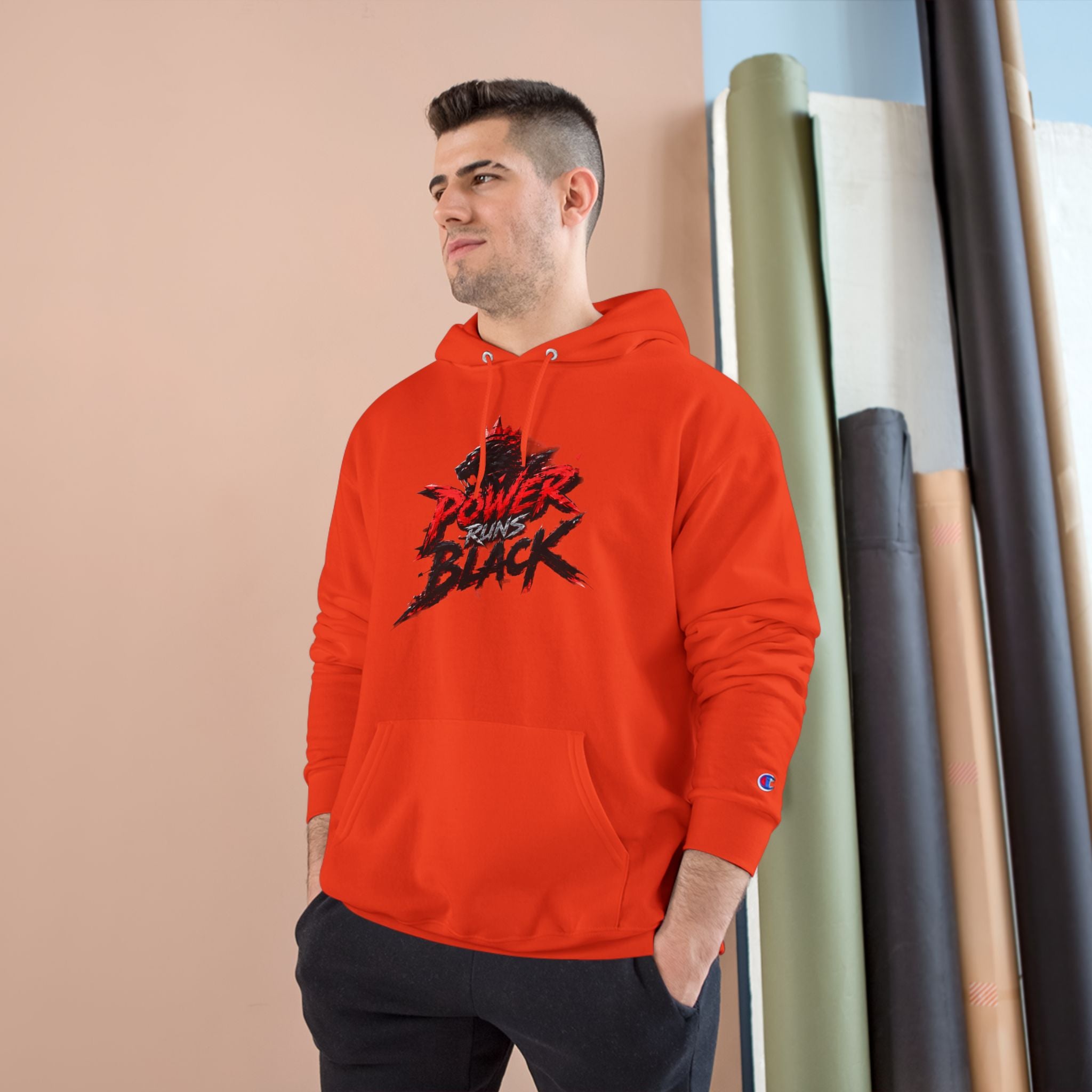 Power Runs Black logo hoodie | Flame crest design by Power Runs Black