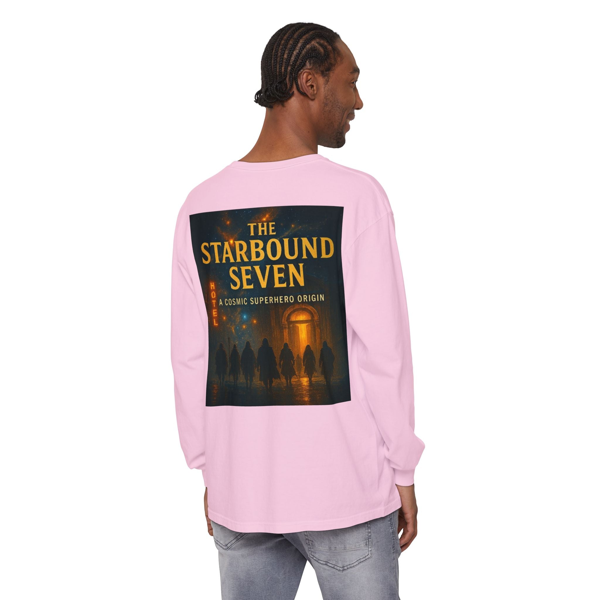 PRB The Starbound Seven graphic long sleeve shirt | cosmic superhero poster by Power Runs Black